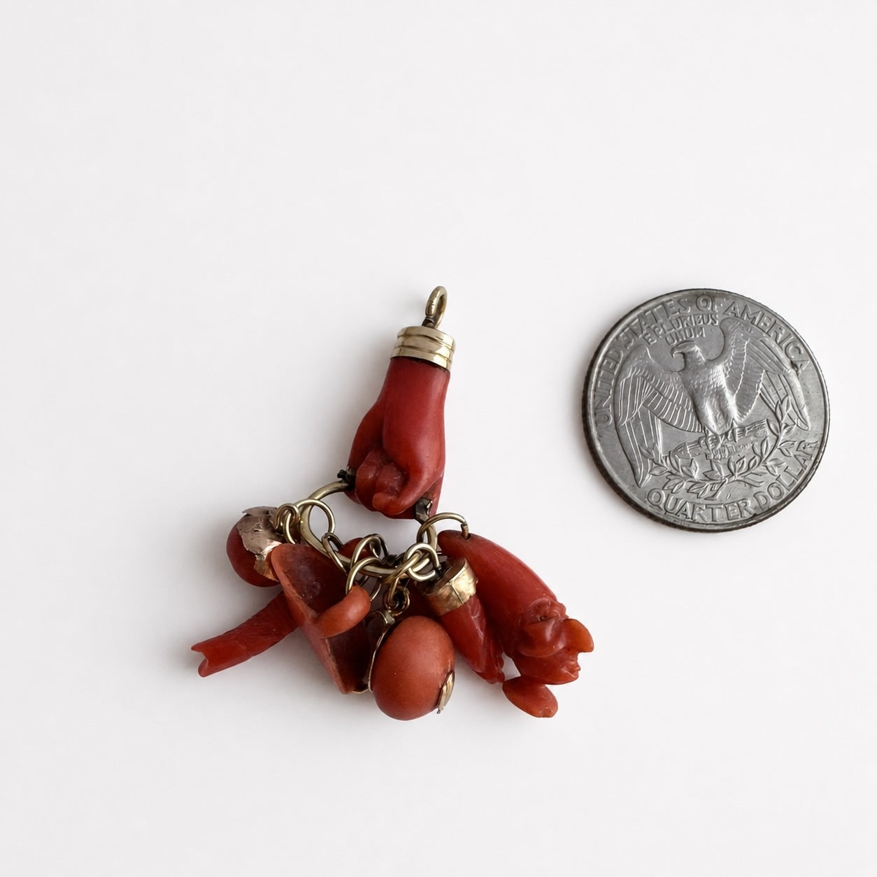 Antique Victorian Coral Figa Hand Pendant, 9K Gold Fist Lucky Charm, Talismans, Mediterranean Amulet