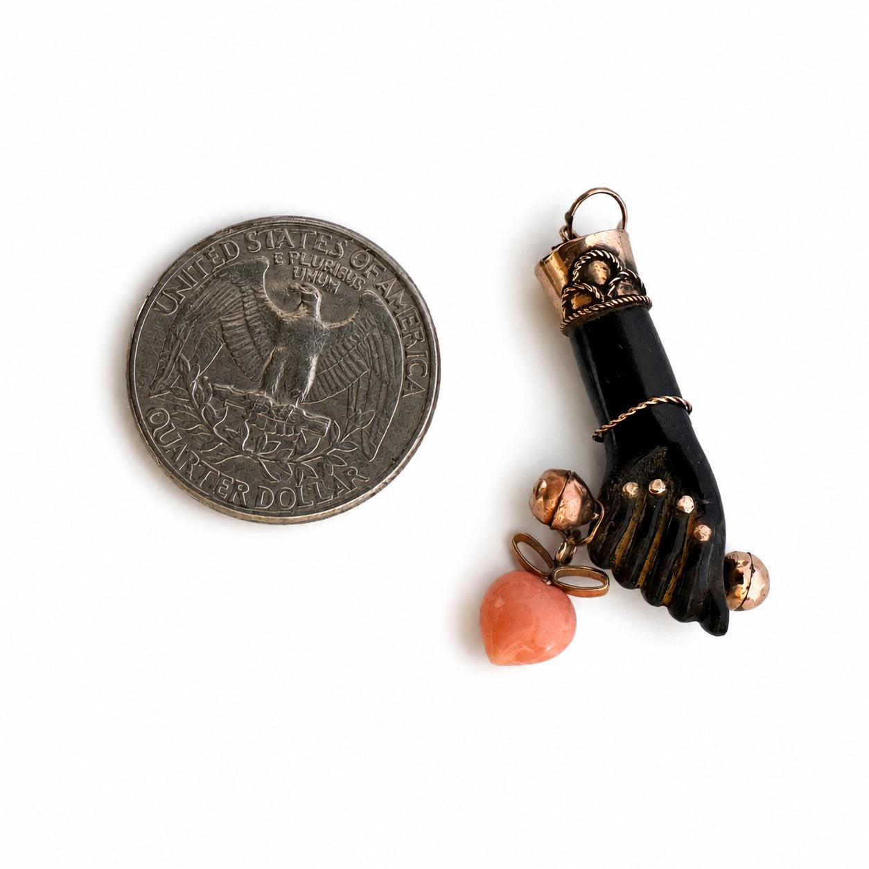 Antique 9k Gold Black Figa Pendant, Coral Heart Charm, Lucky Hand Amulet, Mano Fico, Italian Good Luck Talisman, 1920s Charm