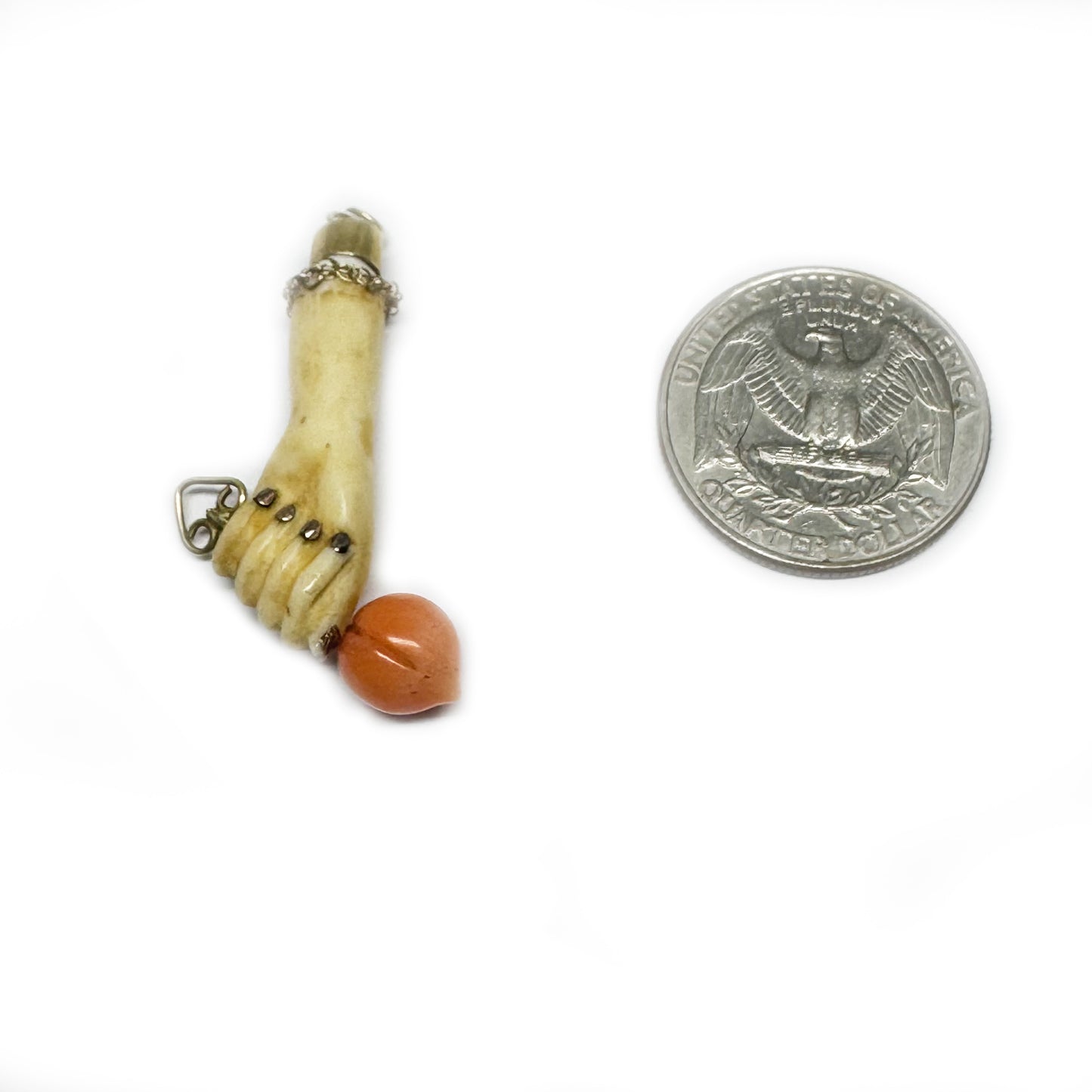 Antique Victorian Bone Figa Pendant with 9k Gold Details and Coral Rose, 19th-Century Italian Mano Fico Amulet