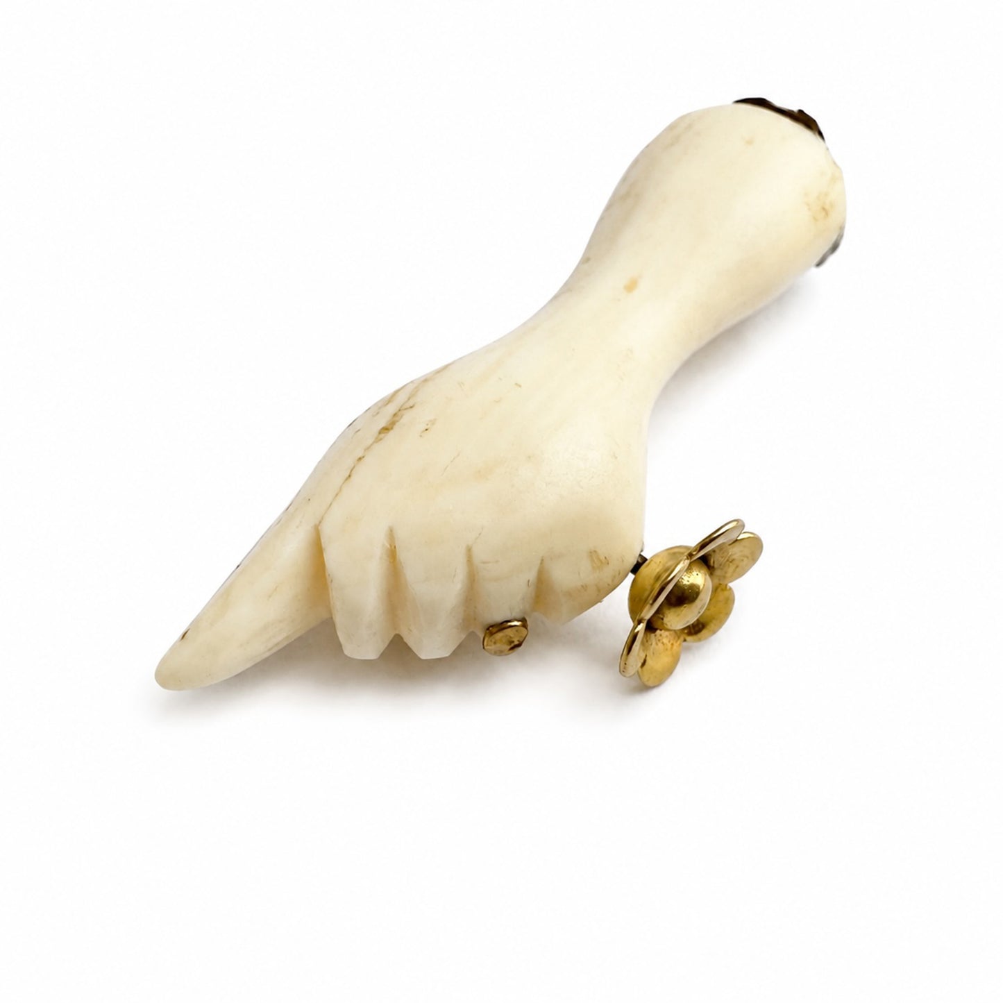 Vintage 9K Gold Bone Hand Pendant, Carved Pointing Hand Charm, Victorian Style Hand Amulet, Gold Flower Charm, Statement Pendant