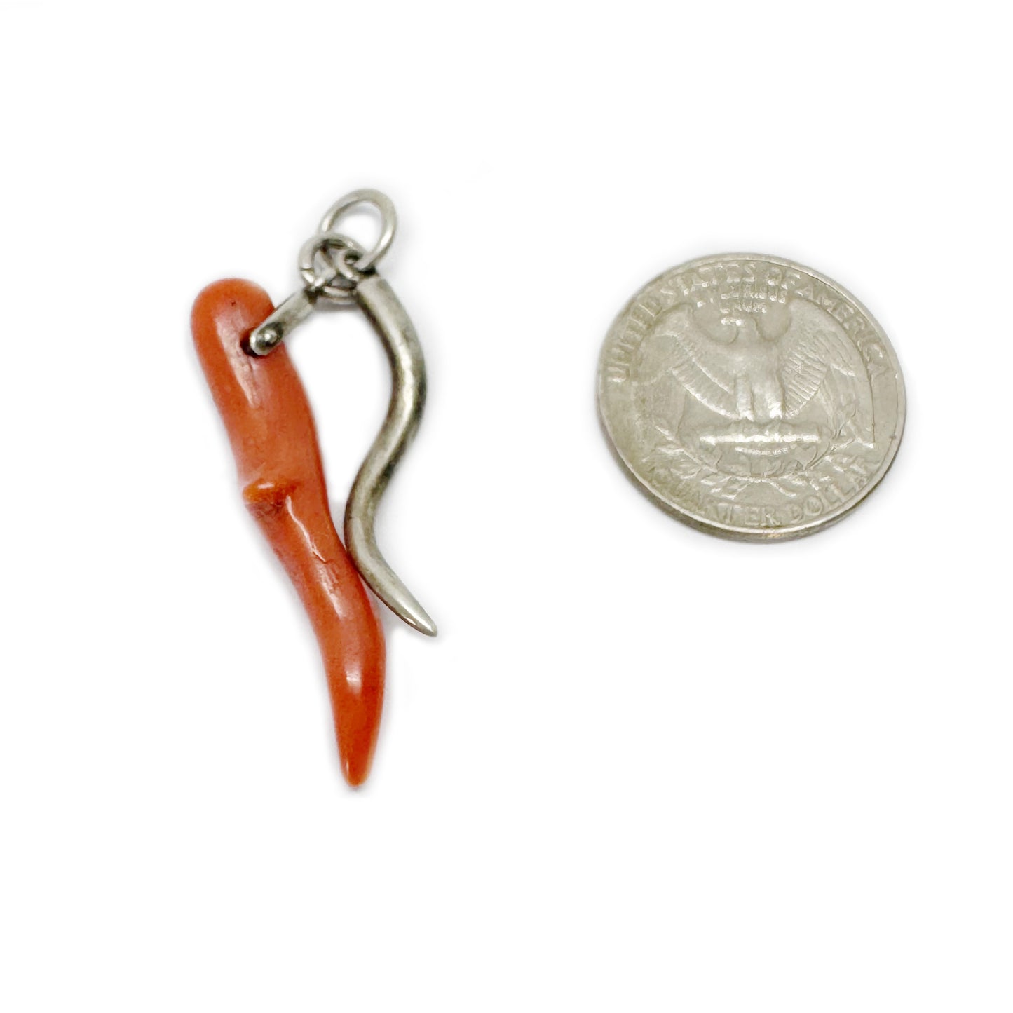 Antique Coral & Silver Amulet, Italian Talisman Charm, Natural Mediterranean Coral Horn, Evil Eye Good Luck Pendant