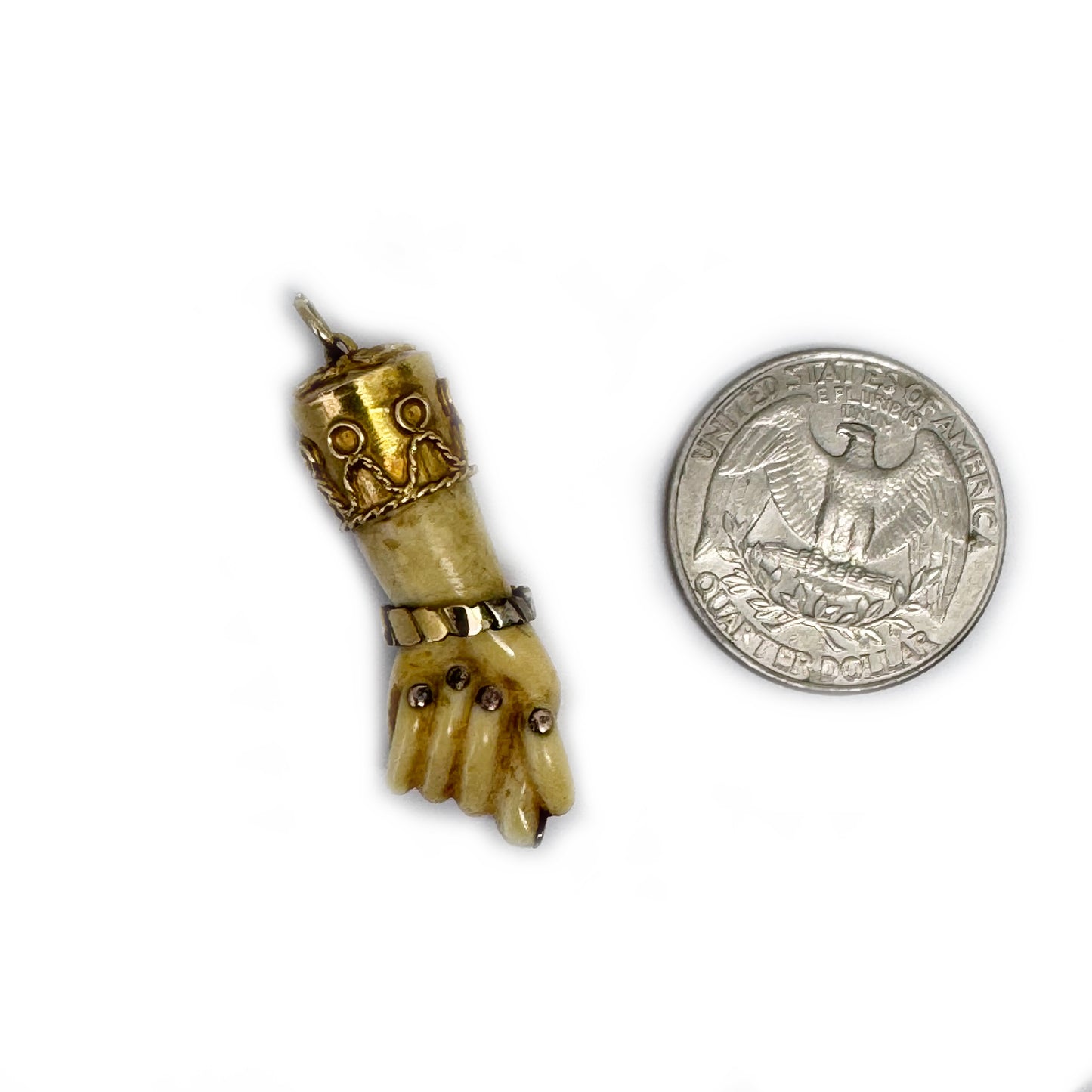 Antique Victorian Bone Figa Mano Fico Pendant, 18k Gold Mounted Hand Amulet, c.1800s Lucky Charm