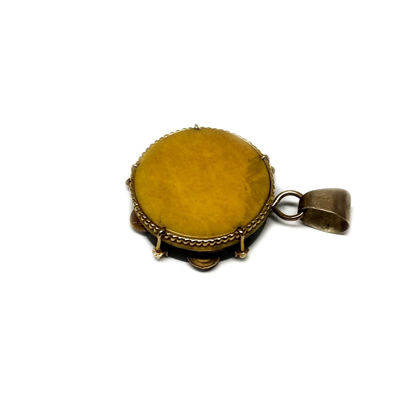 Antique 9k Gold Tambourine Charm Pendant, 9ct Gold Bone Stained Horn Musical Instrument, Hand Drum, Musical Charm, Late 1800s, One of a Kind