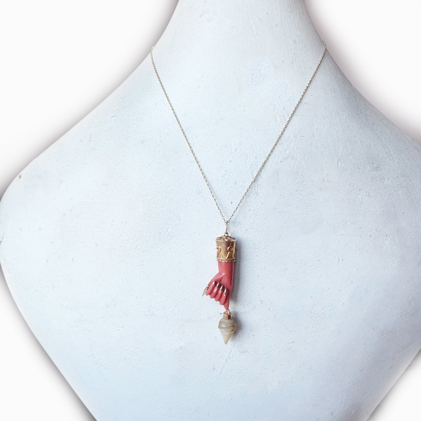 Vintage 14k Gold Mano Fico Pendant, 14 ct Gold Galalith Mother of Pearl Figa, Italian Good Luck Hand Charm