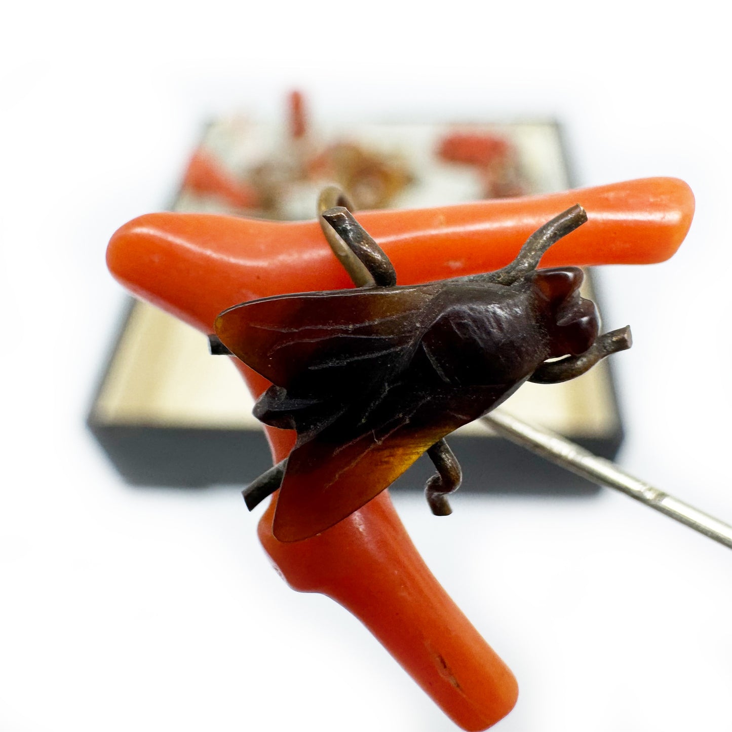 Antique Coral Pin, Victorian Coral Branch Stick Pin Brooch, Carved Horn Fly Insect Tie Pin, Novelty Treasure, Lucky