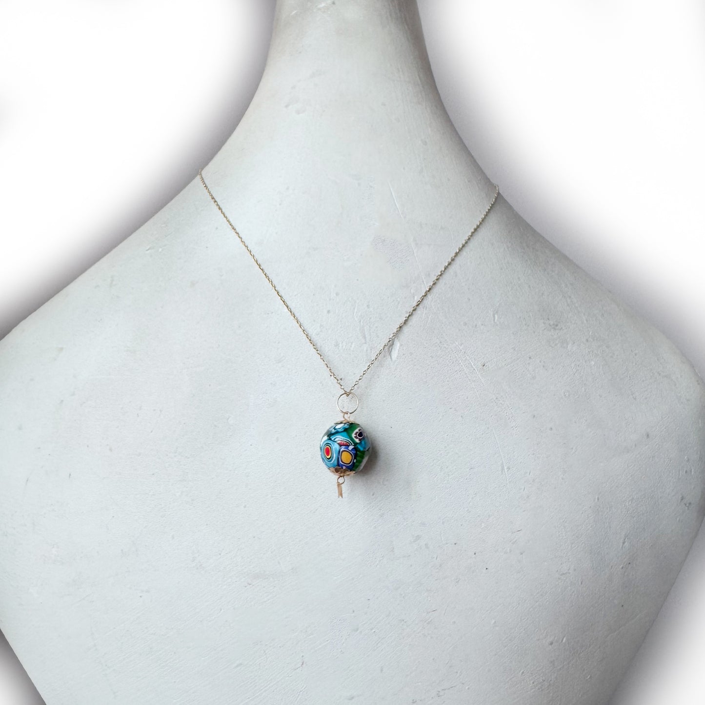 Antique 18k Gold Millefiori Glass Ball Charm Pendant , 18 ct Gold Caps, Italian Mosaic Glass
