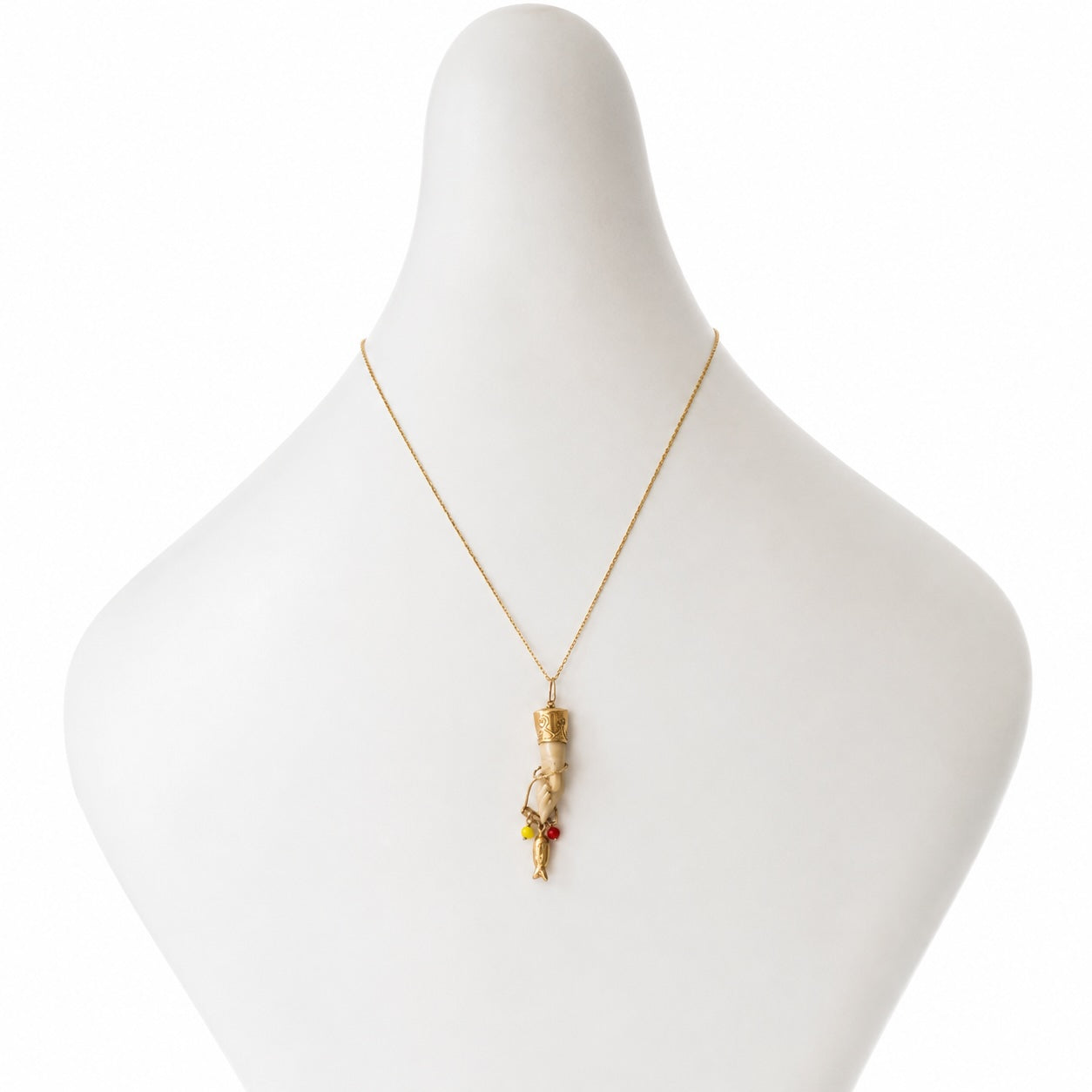 Antique 14k Gold Mano Figa Pendant: Victorian Bone Charm with Fish, Hand Pendant, Lucky Charm
