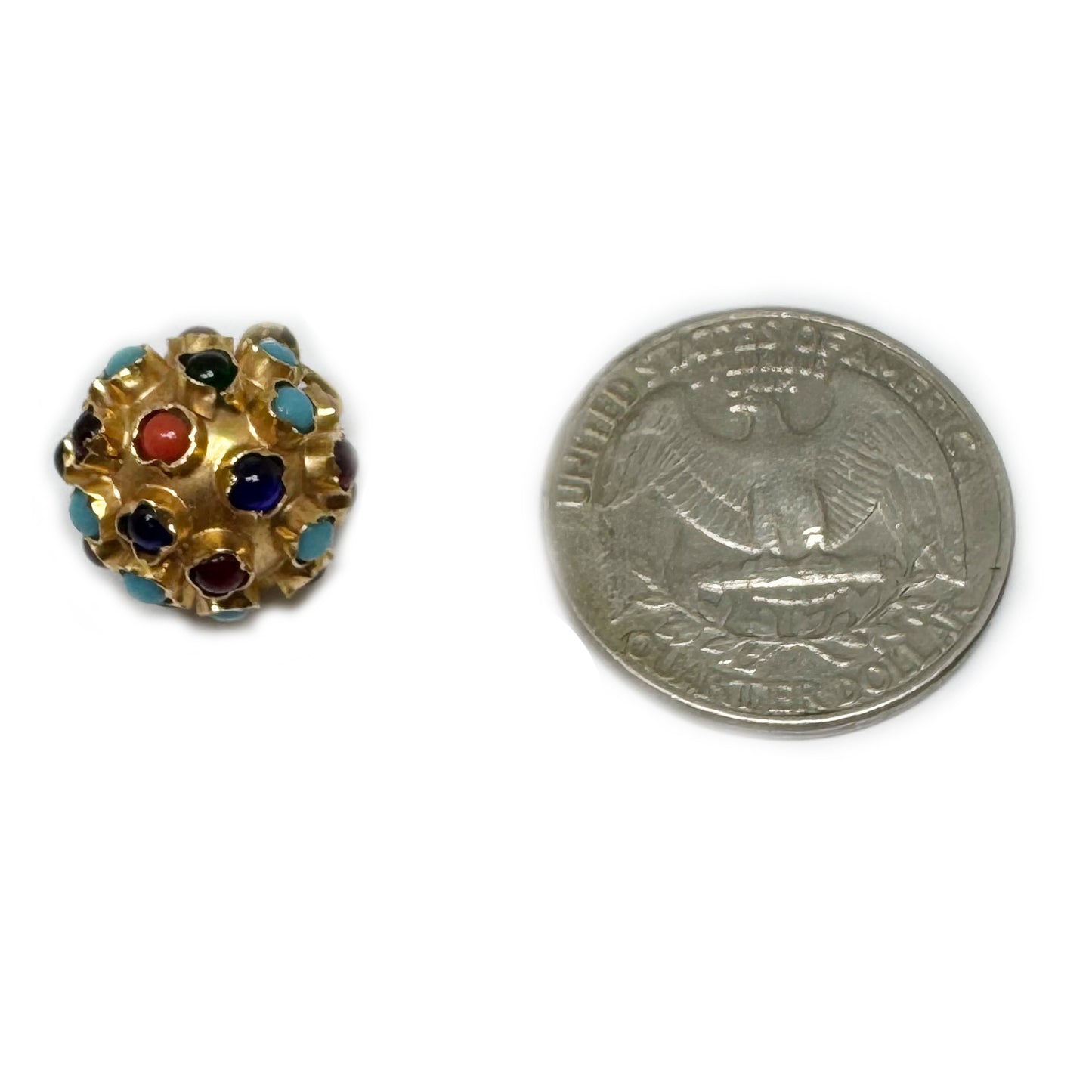 Vintage 19.2k Gold Sputnik Charm Pendant, Portuguese Orb with Coral & Multi-Gemstones, 1970s Solid Portuguese Gold 3D Ball