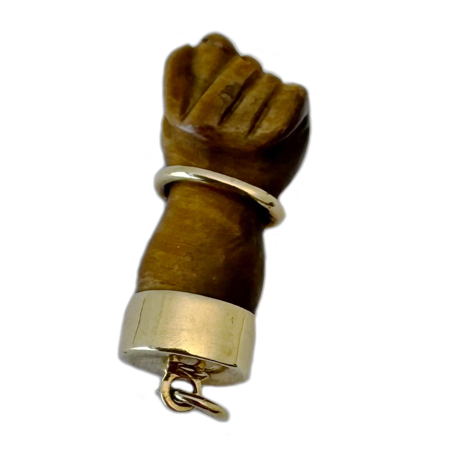 Vintage Tiger’s Eye Figa Charm in 18k Gold, Italian Mano Fico Pendant, Protective Hand Talisman, Mid Century Lucky Charm
