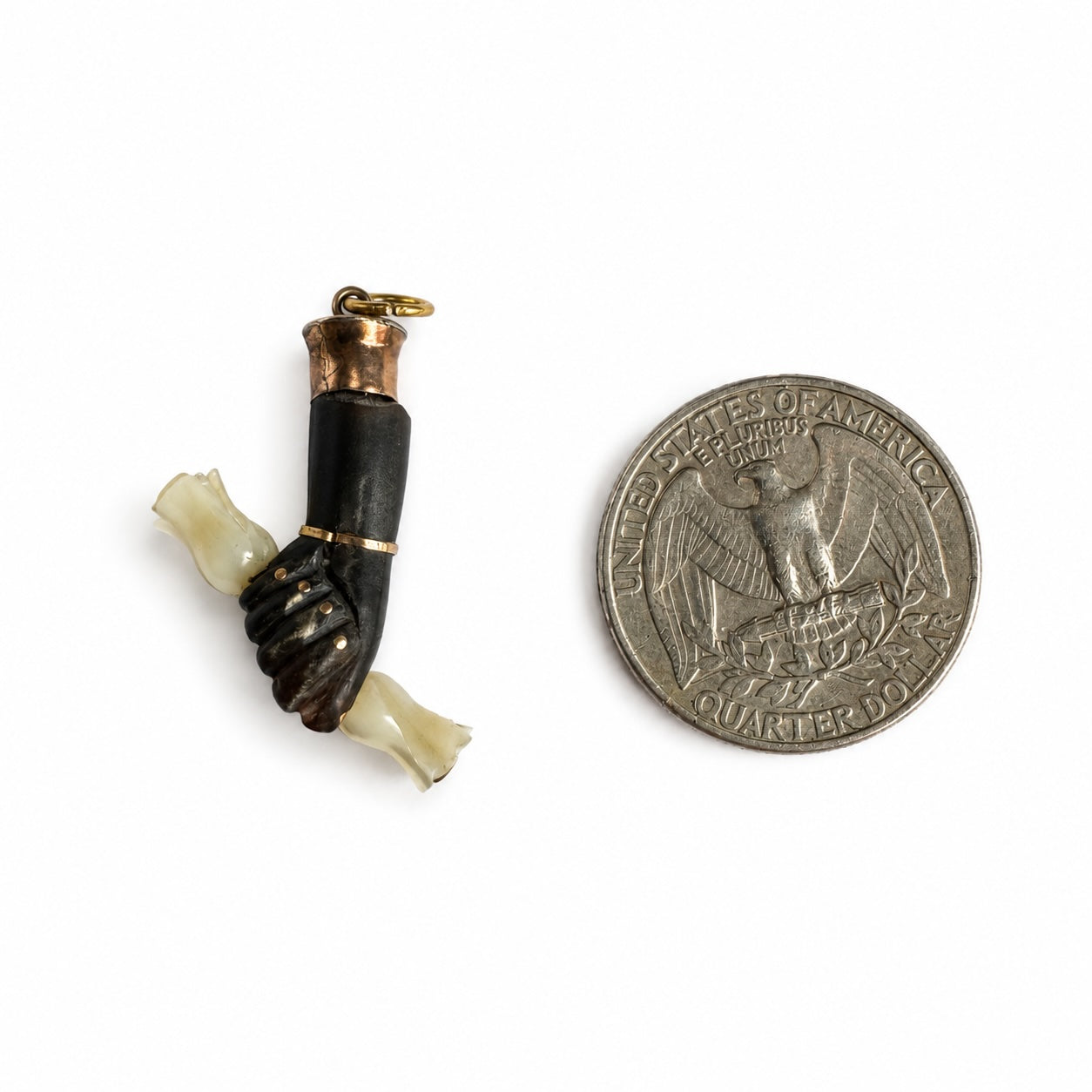 Antique Horn Figa Pendant, Victorian Mano Fico Charm, Mother of Pearl Rosebuds, Protective Amulet, Folk Talisman, Lucky Hand Charm