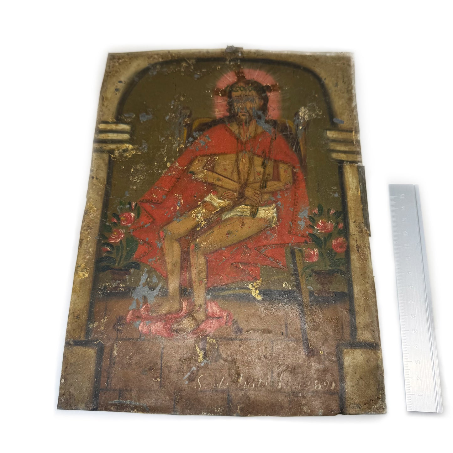 Antique Christ Mocked Painting on Tin Metal Panel, Ex Voto Religious Folk Art, 1891 Sacred Heart Icon, Primitive Catholic Devotional Art