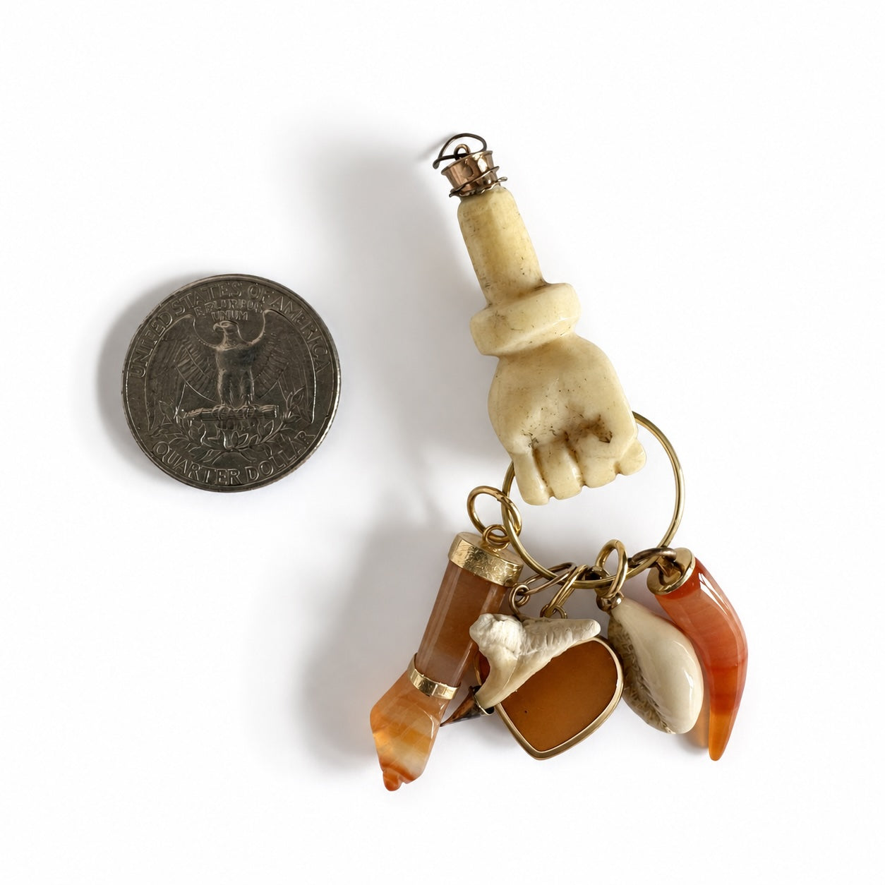 Vintage Bone Figa Talisman Pendant, Carnelian, Agate Pendant, Fist, Figa Charm, Cowrie Shel, Mano Fico, Amulet