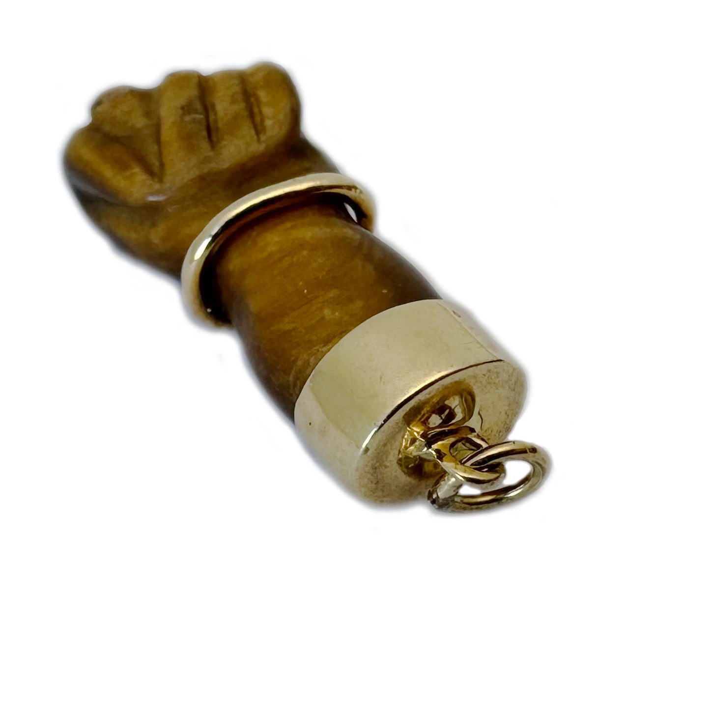 Vintage Tiger’s Eye Figa Charm in 18k Gold, Italian Mano Fico Pendant, Protective Hand Talisman, Mid Century Lucky Charm