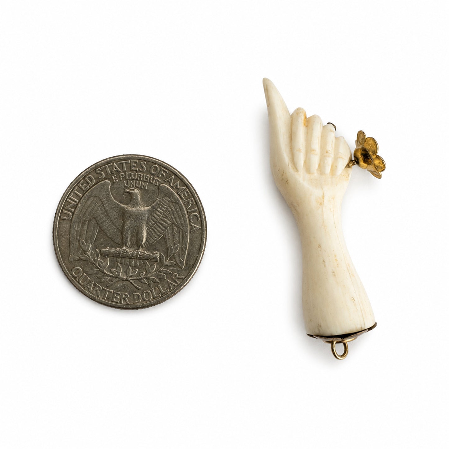 Vintage 9K Gold Bone Hand Pendant, Carved Pointing Hand Charm, Victorian Style Hand Amulet, Gold Flower Charm, Statement Pendant
