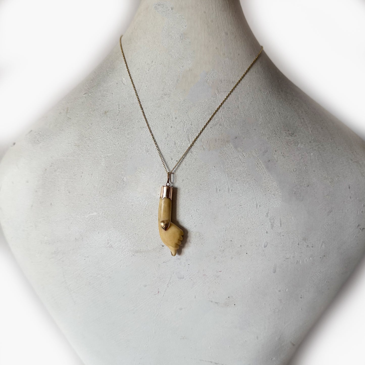 1950s Bone Fist Pendant in 14k Gold, Vintage Ex-Voto Amulet with Heart & Nails, Carved Bone Charm, Rare Symbolic Antique Jewellery