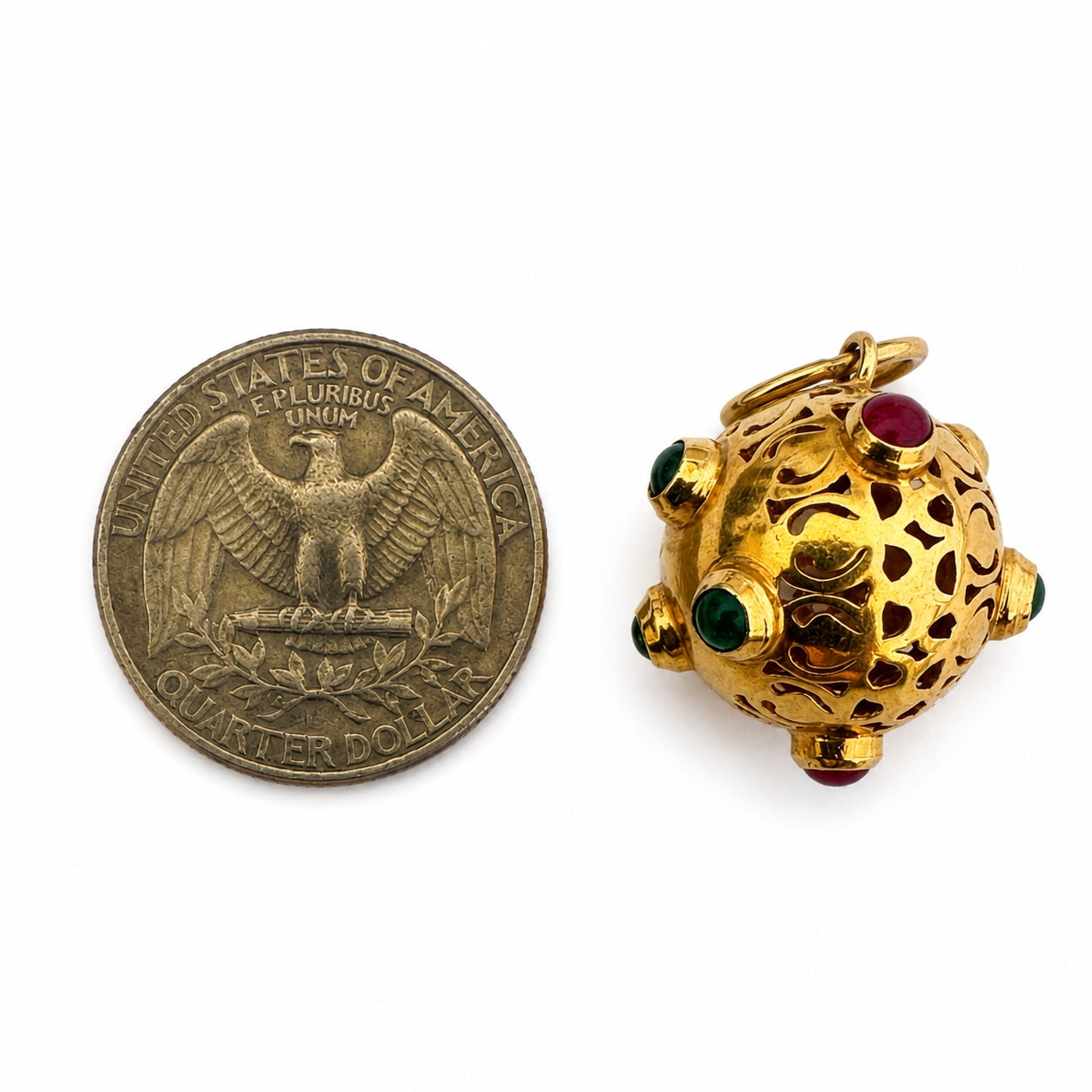 Vintage 18k Gold Sputnik Orb Charm, Atomic Age Gemstone Pendant, Space Age Globe Charm, Mid Century Modern Jewelry, 1950s Celestial Pendant