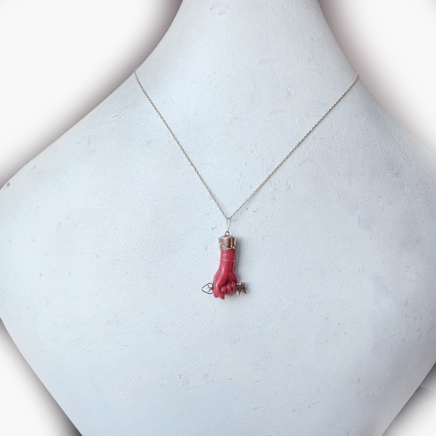 Antique Victorian Coral Figa Charm, 9k Gold Mano Fico Fist Pendant with Gold Key, Lucky Amulet