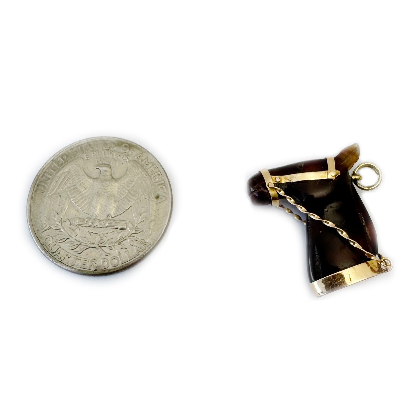 Vintage Horse Head Charm Pendant, Stained Horn & 14k Gold, Equestrian Jewellery, Mid Century Animal Talisman, Antique Style Gold Charm