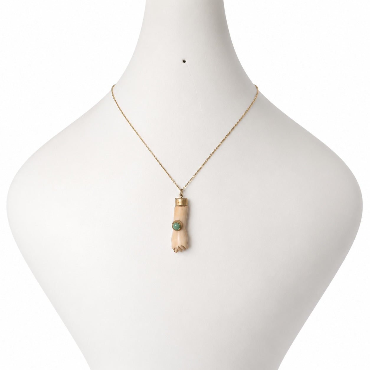 Antique 9K Gold Bone Figa Pendant, Mano Fico Hand Amulet, Lucky Charm, Green Cabochon, Evil Eye Talisman, Italian Fist Pendant
