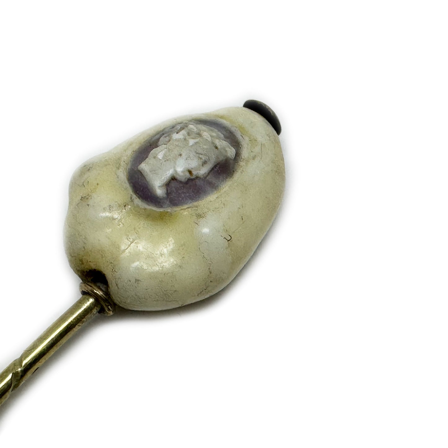 Rare Victorian Cowrie Shell Cameo Stick Pin, Antique Italian Grand Tour Gold Plated Cravat Pin, Miniature Shell Portrait, 1800s