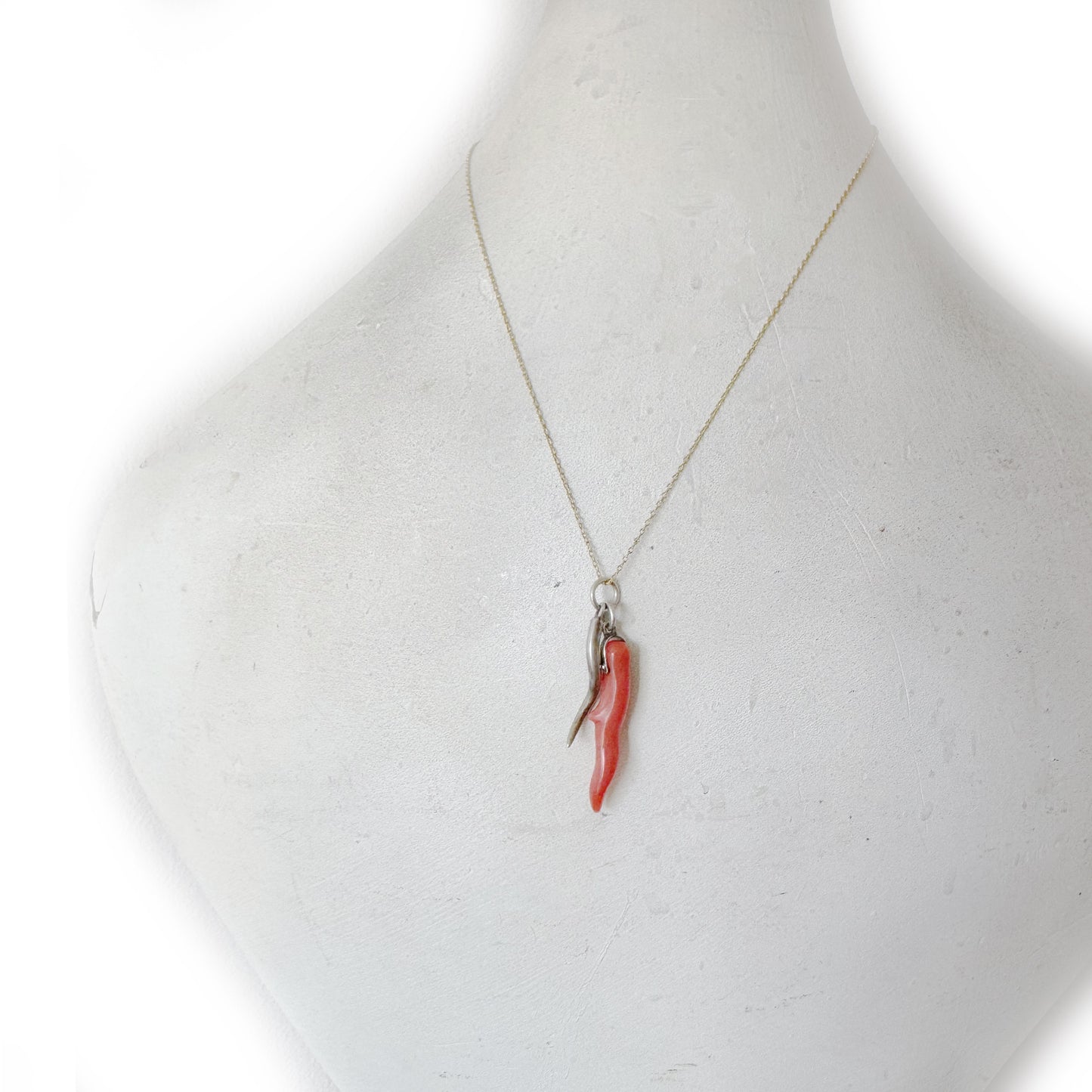 Antique Coral & Silver Amulet, Italian Talisman Charm, Natural Mediterranean Coral Horn, Evil Eye Good Luck Pendant