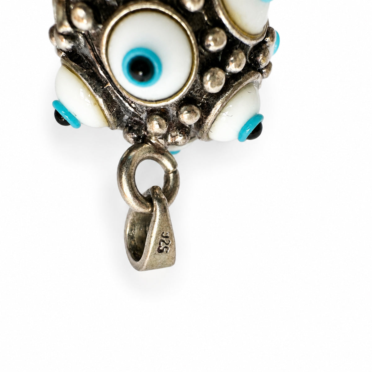 Vintage 925 Sterling Silver Multi Evil Eye Pendant, 12 Glass Nazar Eyes, Hollow Orb Protection Amulet, Unisex Jewelry