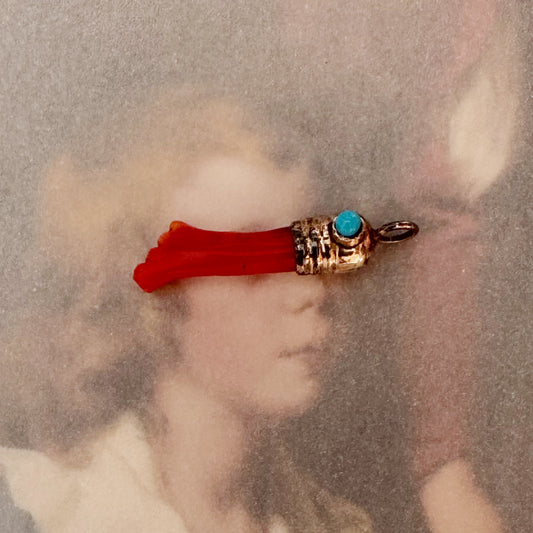 Antique Victorian Natural Coral Figa Pendant, Hand Carved Mano Fico, Gold Plated Hand Amulet, Lucky Talisman Charm, 19th Century Coral Hand
