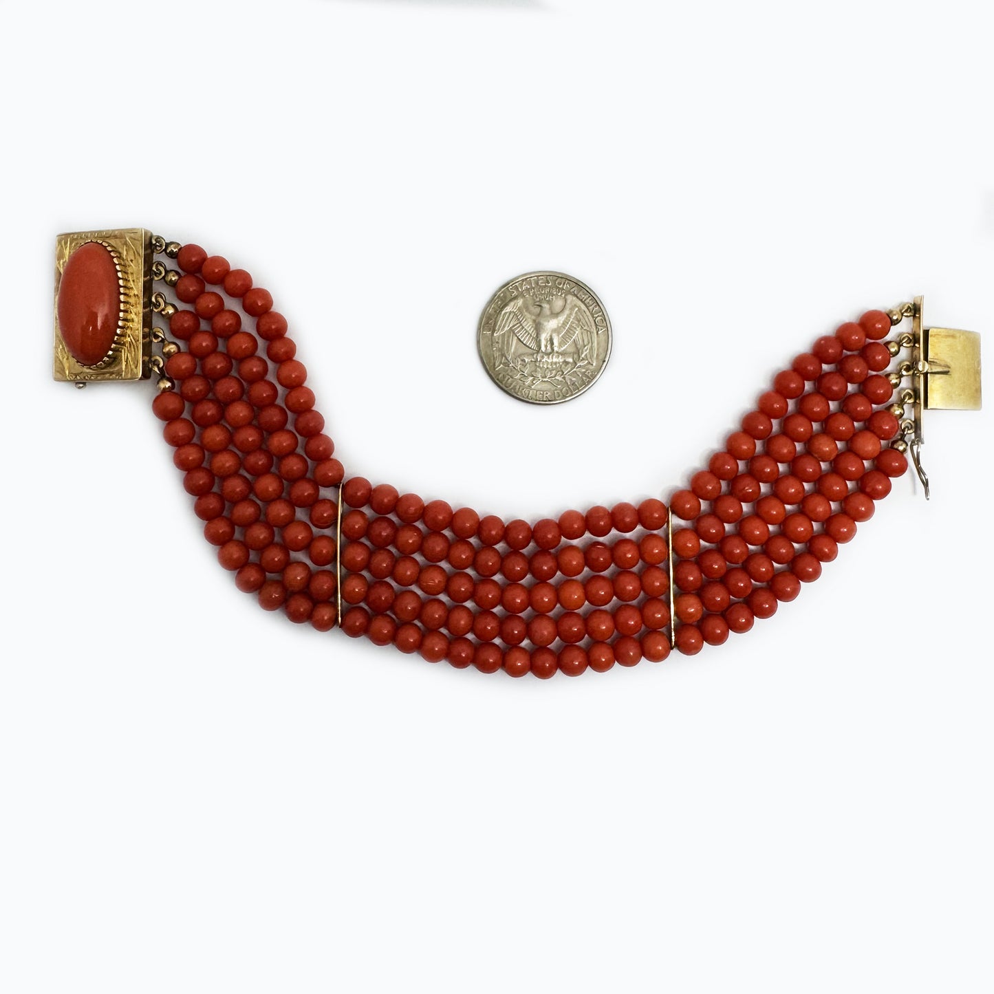 Vintage 14k Gol Coral Bracelet, 4-strand red  Natural Mediterranean Coral  beads  Italian Jewelry