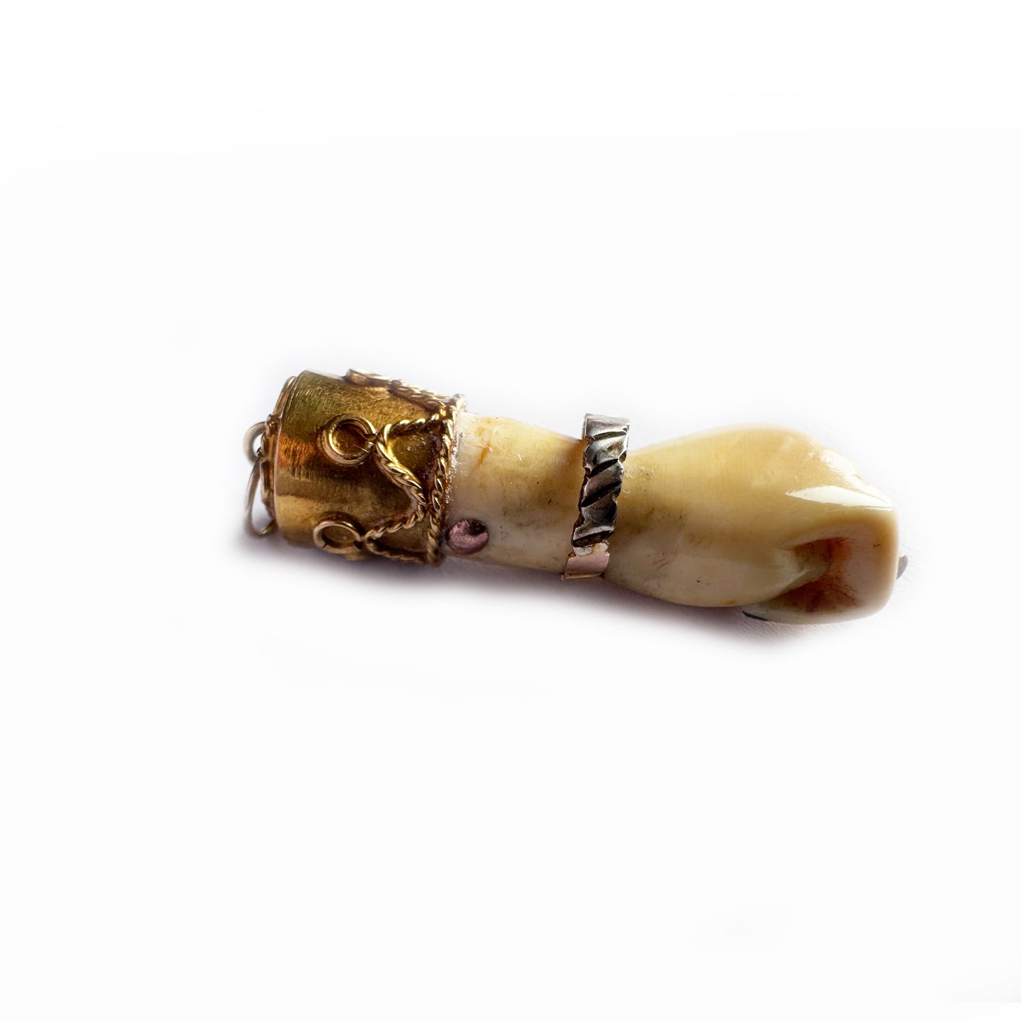 Antique Victorian Bone Figa Mano Fico Pendant, 18k Gold Mounted Hand Amulet, c.1800s Lucky Charm