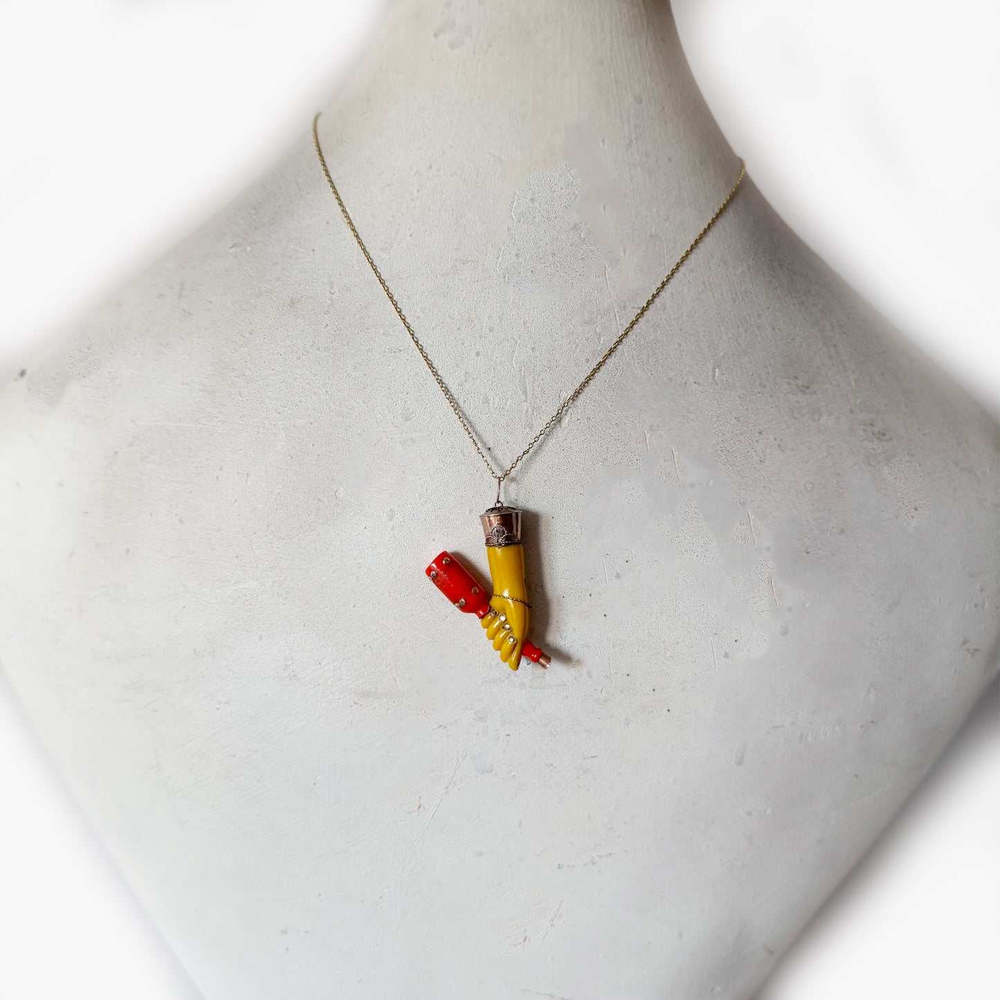 Vintage Mid-Century Resin Mano Fico Amulet with Bottle Charm, Rose-Gold Plated Setting, Folk Art Talisman, Curious Ex-Voto Style Pendant