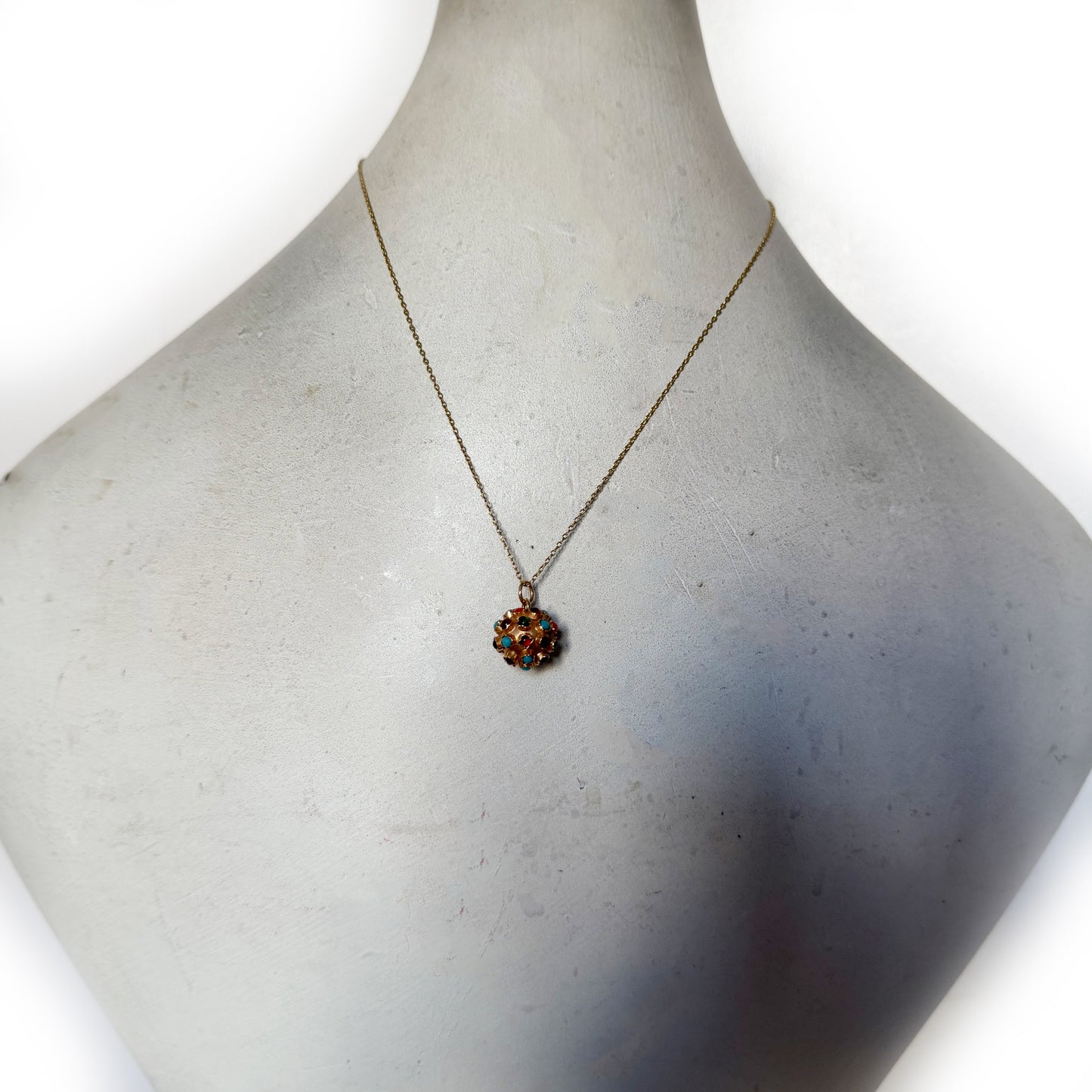 Vintage 19.2k Gold Sputnik Charm Pendant, Portuguese Orb with Coral & Multi-Gemstones, 1970s Solid Portuguese Gold 3D Ball