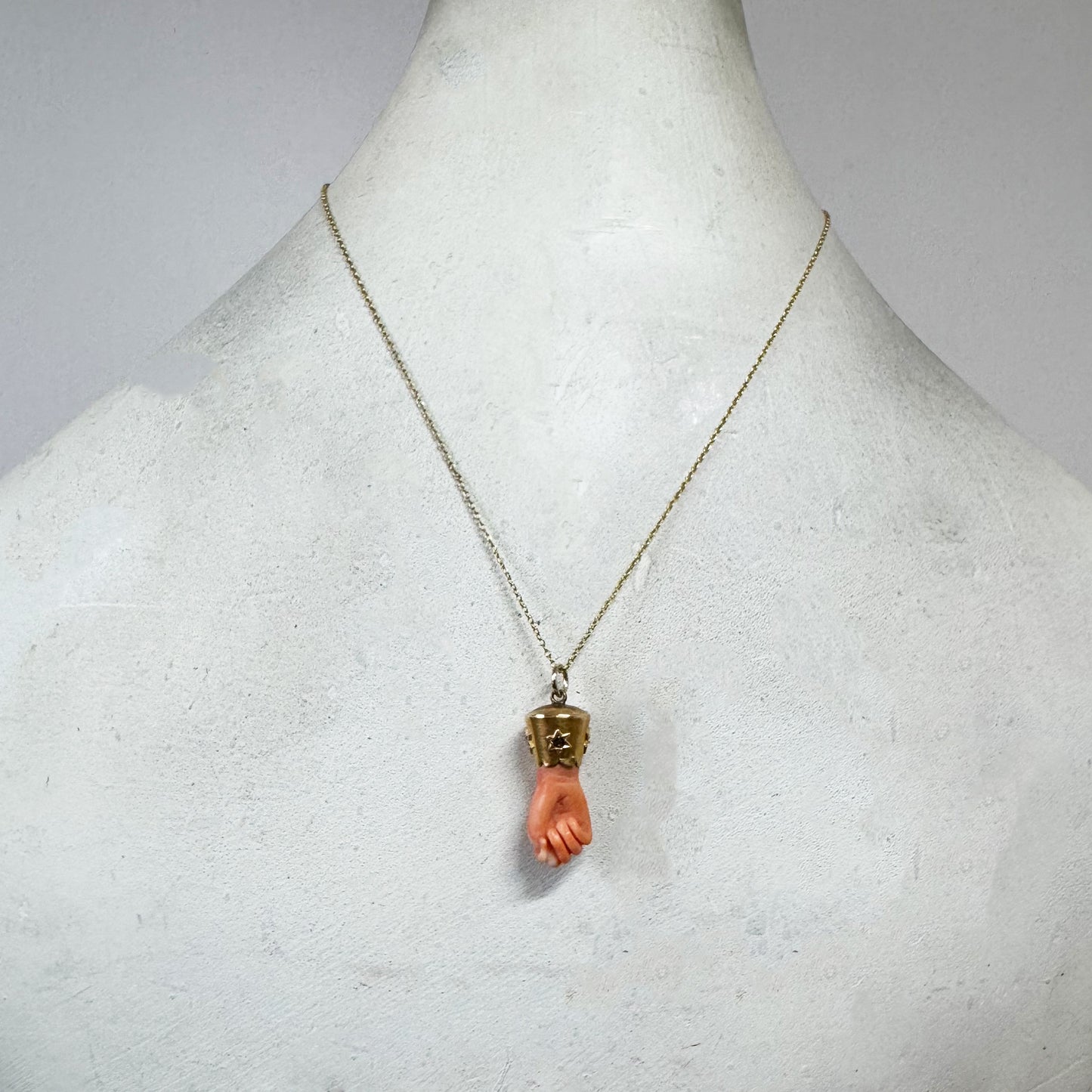 Antique 18k Gold Mediterranean Coral Figa Charm, Victorian Lucky Amulet Diamonds