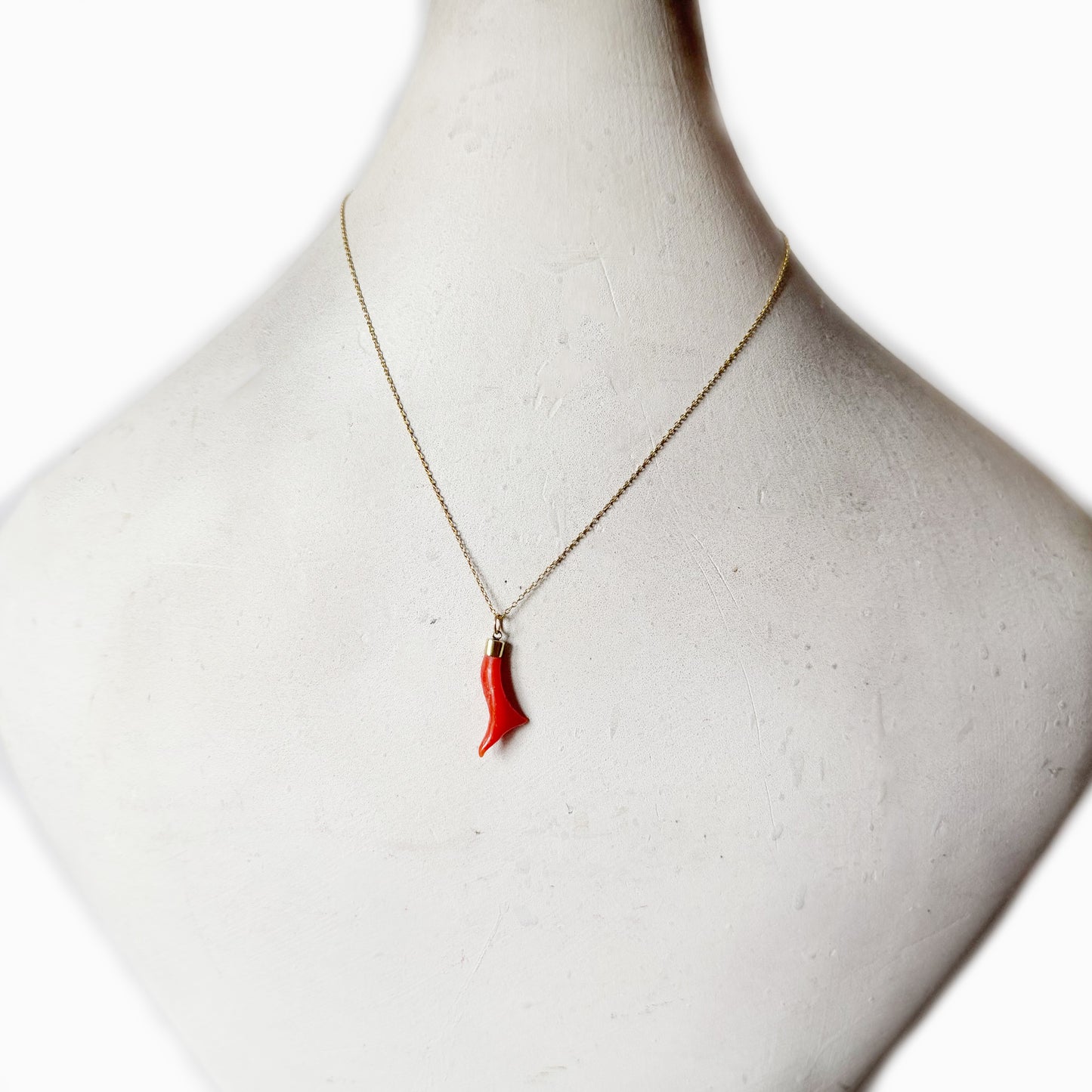 Antique Mediterranean Coral Charm in 14k Gold Setting, Early 20th Century Natural Coral Pendant, Salmon Orange Corno Amulet