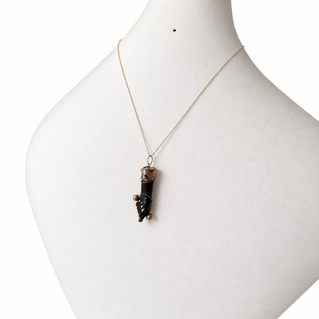Antique 9k Stained Horn Figa Pendant, 9 ct Gold dark brown Good Luck Charm, Mano Fico, Evil Eye