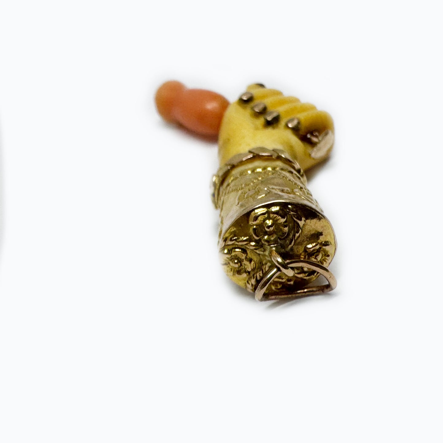 Antique 9k Gold Bone Figa Pendant, Victorian Coral Flower Amulet