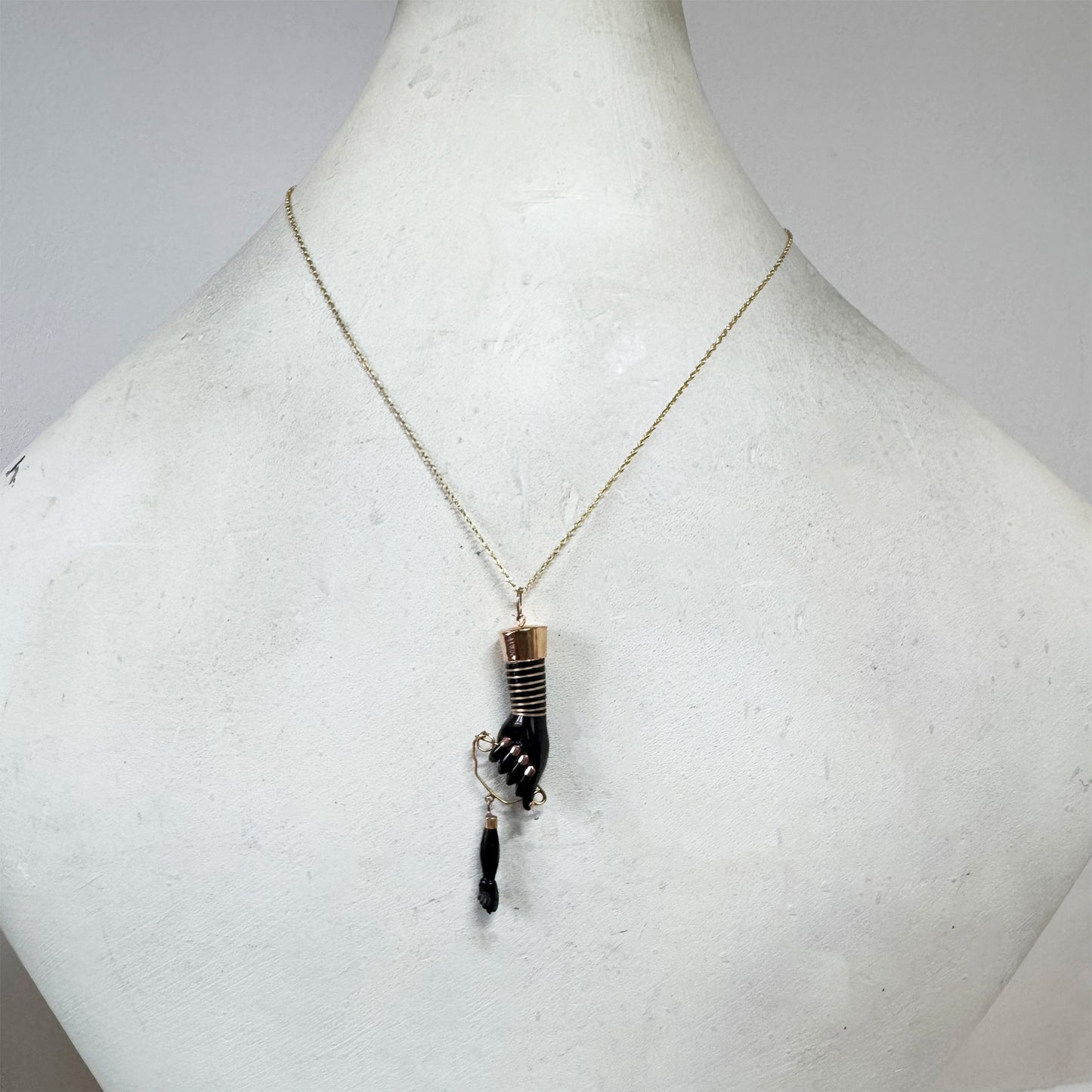 Vintage 14K Gold Black Resin Figa Hand Amulet, Evil Eye Charm