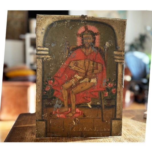 Antique Christ Mocked Painting on Tin Metal Panel, Ex Voto Religious Folk Art, 1891 Sacred Heart Icon, Primitive Catholic Devotional Art