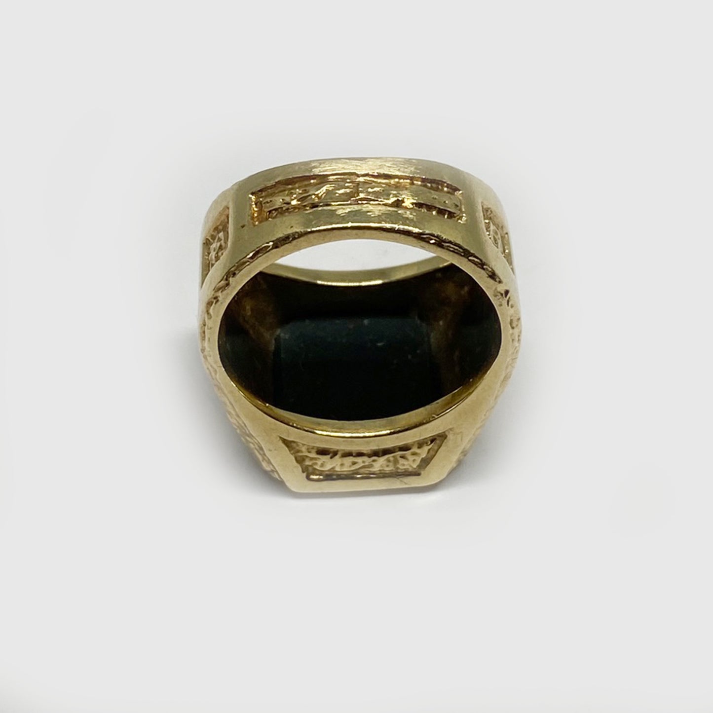 Antique 14k Gold Intaglio Ring, Heraldic Coat Of Arms Motto, Blood Stone Signet Ring