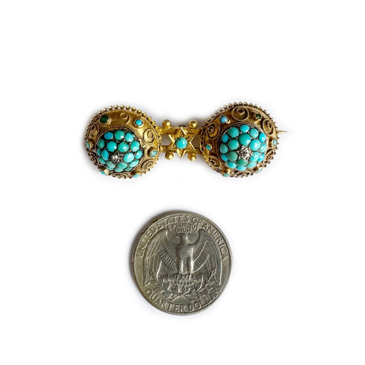 Antique Victorian 15k Gold Brooch, Etruscan Revival Turquoise Diamond Pin, 15ct Double Brooch, 1800s Ancient Italian Style Classical Jewelry