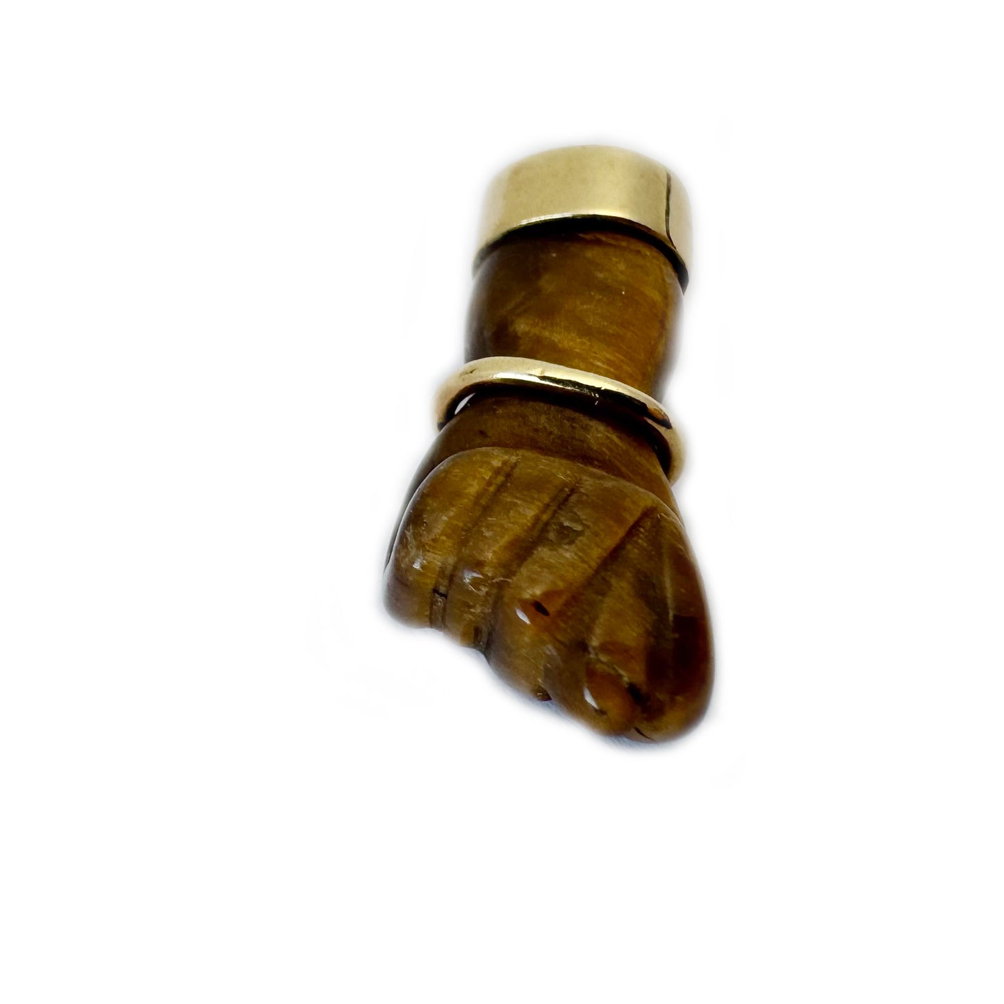Vintage Tiger’s Eye Figa Charm in 18k Gold, Italian Mano Fico Pendant, Protective Hand Talisman, Mid Century Lucky Charm