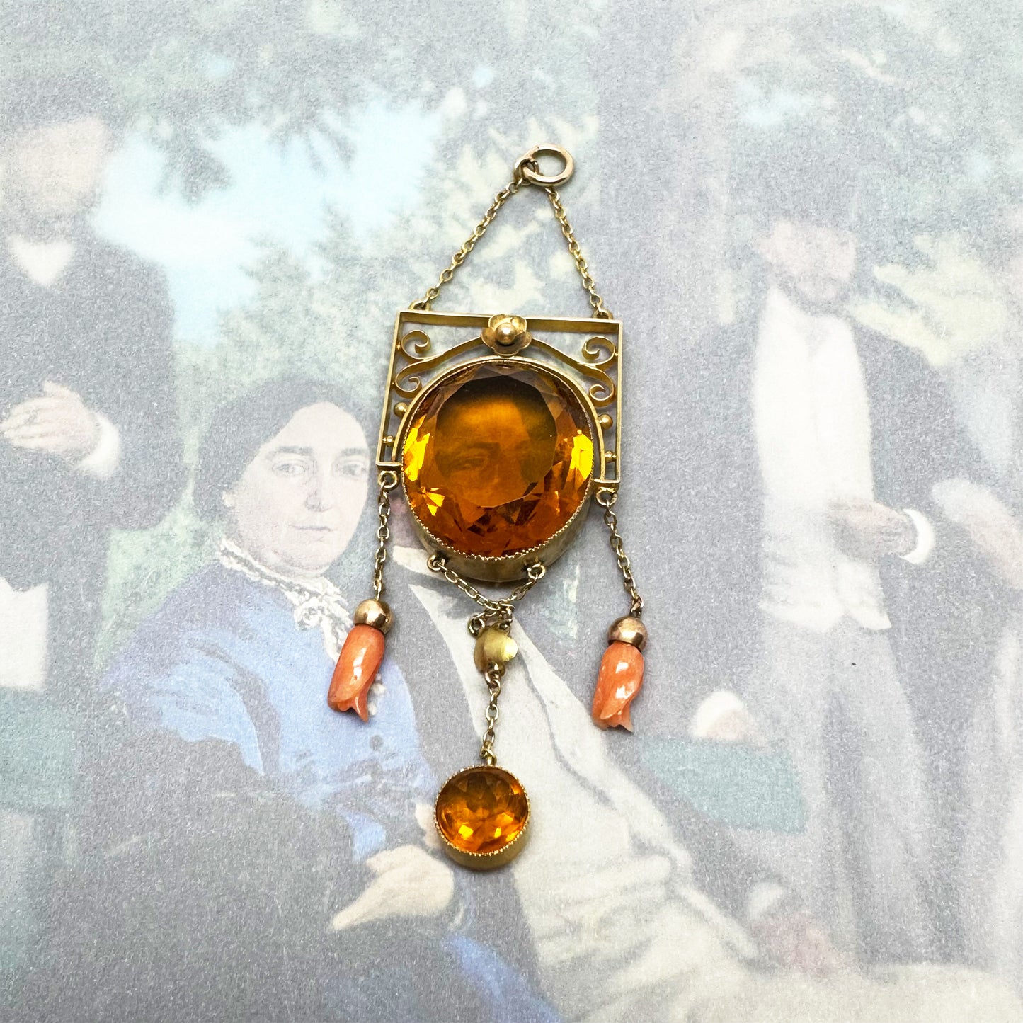 Edwardian 9ct Gold Festoon Pendant, Coral Bud Drops, Citrine Colour Glass Stone