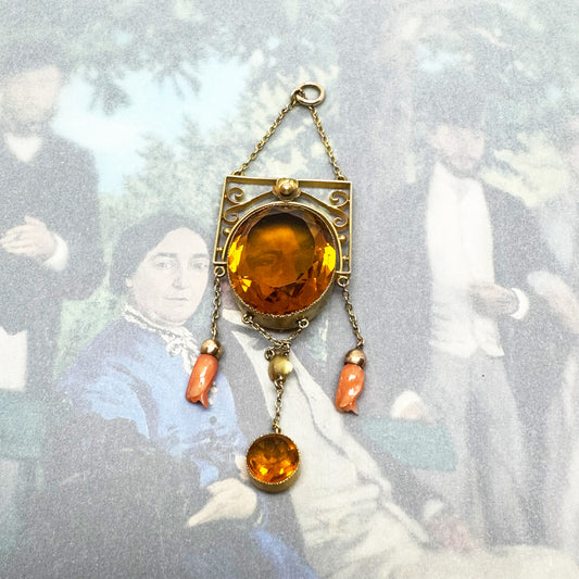 Edwardian 9ct Gold Festoon Pendant, Coral Bud Drops, Citrine Colour Glass Stone
