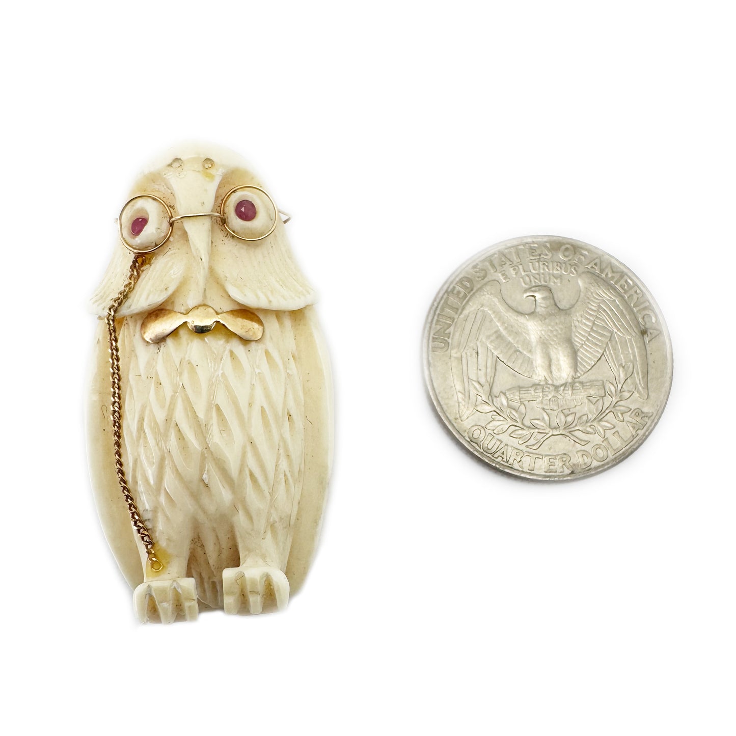 Vintage 14K Gold Owl Pendant With Glasses, Carved Bone Owl Charm, Ruby Eye Owl Necklace Pendant, Mid Century Novelty Jewellery, Wise Charm