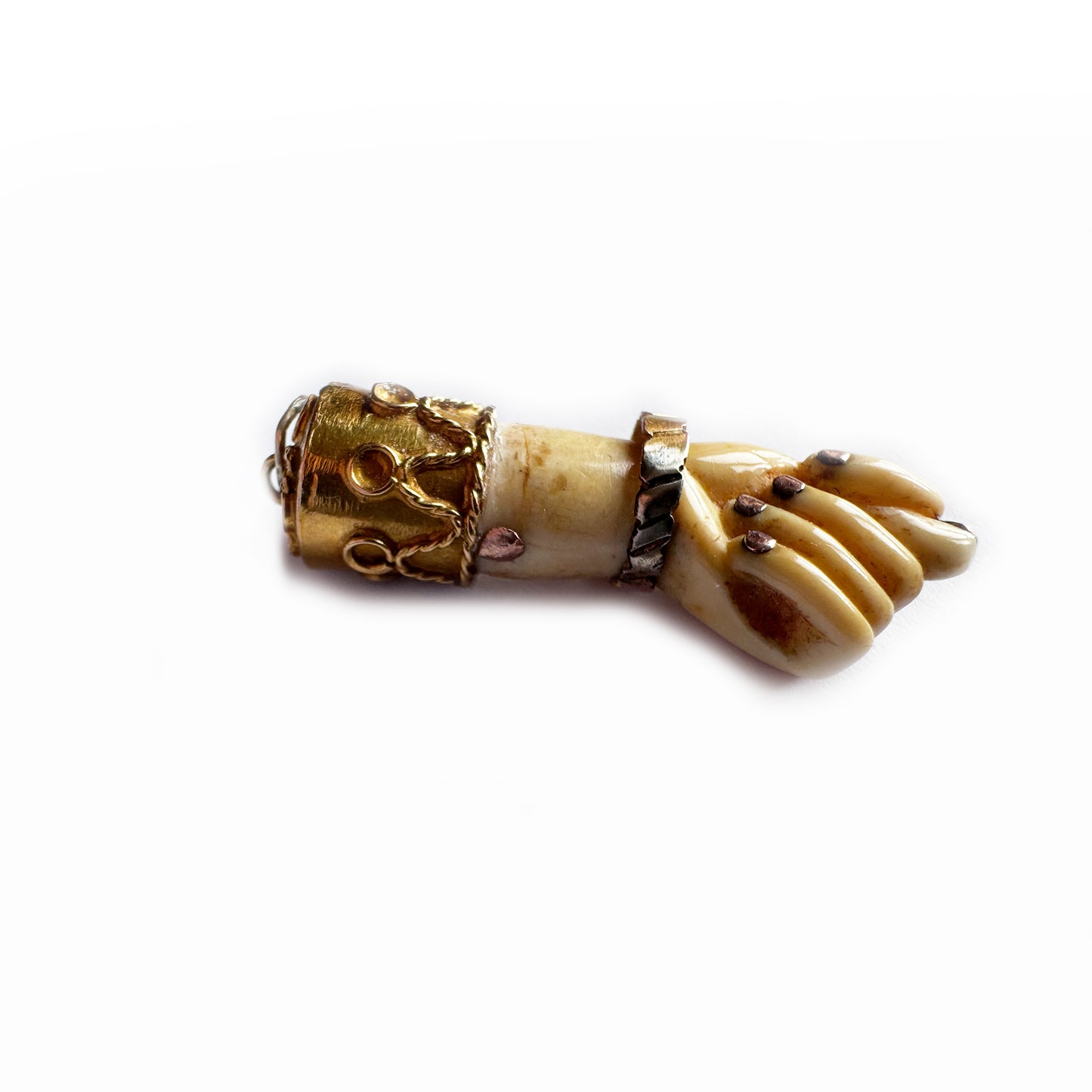 Antique Victorian Bone Figa Mano Fico Pendant, 18k Gold Mounted Hand Amulet, c.1800s Lucky Charm