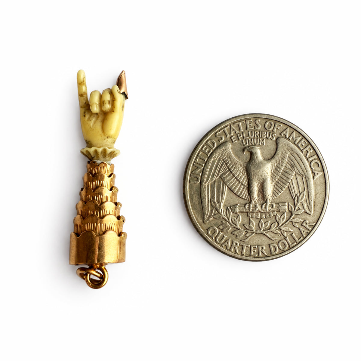 Antique Victorian 18k Gold Mano Cornuto Charm, Bone Horned Hand Figa Amulet, Italian Evil Eye Talisman, Articulated Lucky Pendant