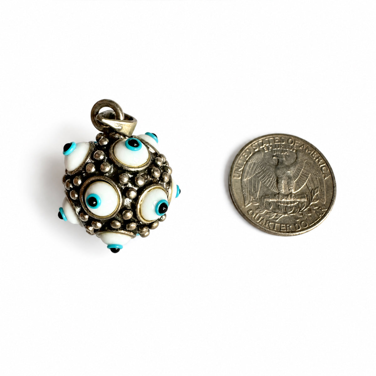 Vintage 925 Sterling Silver Multi Evil Eye Pendant, 12 Glass Nazar Eyes, Hollow Orb Protection Amulet, Unisex Jewelry
