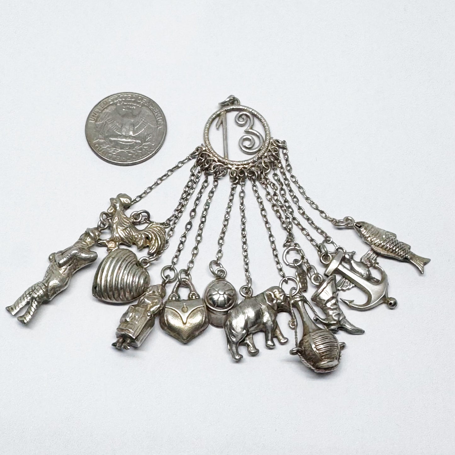 Vintage Silver Neapolitan Lucky Charm Pendant, 13 Talismans Italian Folk, Chatelaine