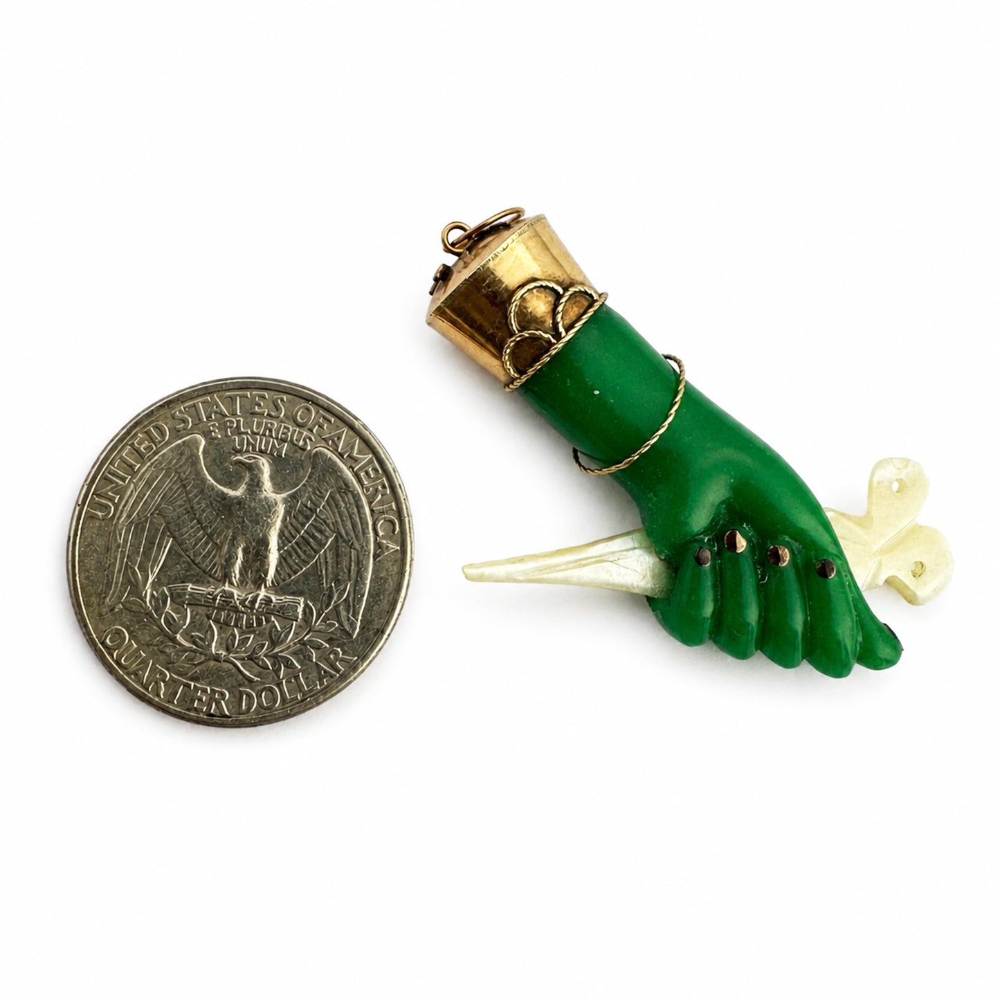 Vintage 14k Gold Green Figa Pendant, Mano Fico Lucky Charm, Mother of Pearl Scissors Charm, Protective Hand Amulet, 1950s Jewellery