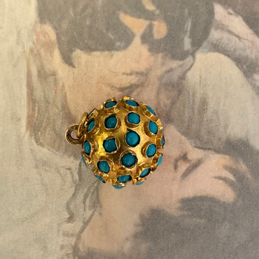 Vintage 9k Gold Sputnik Charm Pendant, Estate Turquoise 9 ct Orb Charm, 1960s Ball Charm, Turquoise Pendant 3d Sphere Charm
