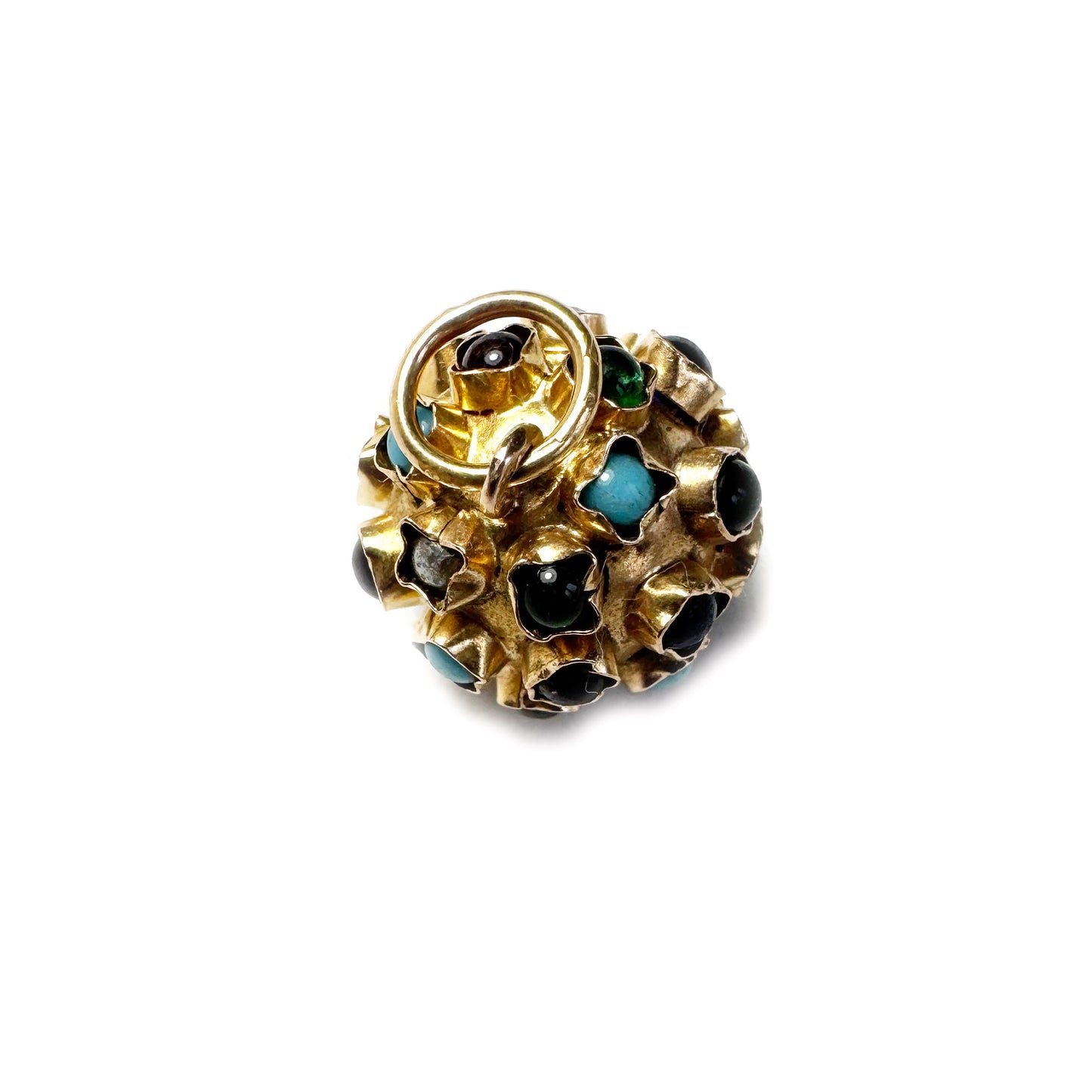 Vintage 18k Gold Sputnik Pendant, 1960s Gemstone Orb Charm, Mid-Century Semi-Precious Cabochon Sphere, Retro Estate Jewellery